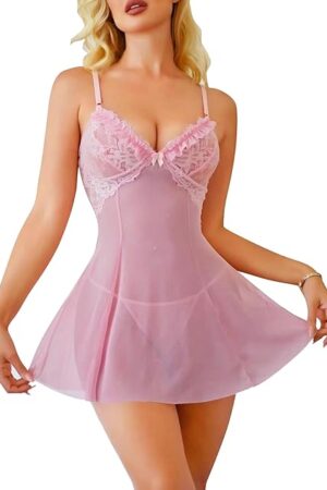 Babydoll Lingerie Dress for Women - Strap Chemise & Boudoir Outfits - Sexy Lace Night Gowns Sleeveless