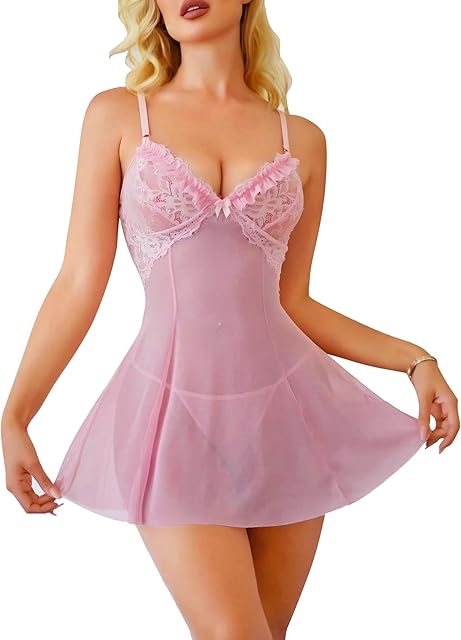 Babydoll Lingerie Dress for Women - Strap Chemise & Boudoir Outfits - Sexy Lace Night Gowns Sleeveless