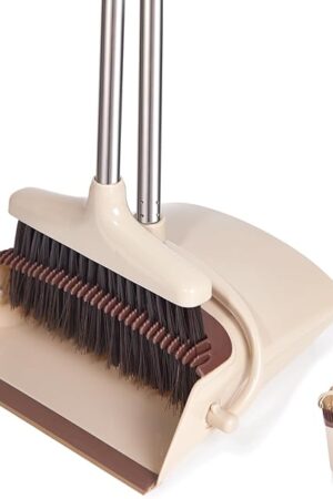 Broom and Dustpan Set with Long Handle, Light Weight Stainless Steel Poles Stand Upright Dustpans with Broom Combo for Home Kitchen Office Pet Dog Hair, Brown & Beige Color, 1-Pack