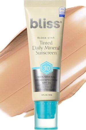 Bliss Block Star SPF 30 Daily Tinted Mineral Sunscreen with Zinc Oxide - All Skin Tones - 100% Mineral Broad Spectrum Sunscreen with Titanium Dioxide & Antioxidant Blend- 14 fl oz