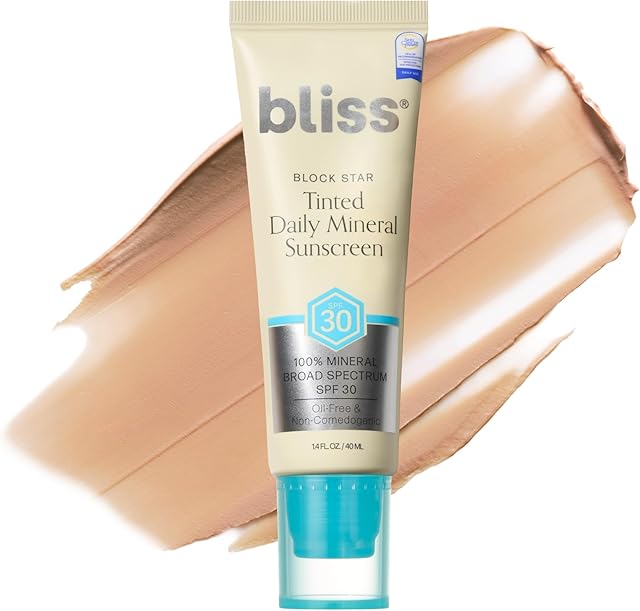 Bliss Block Star SPF 30 Daily Tinted Mineral Sunscreen with Zinc Oxide - All Skin Tones - 100% Mineral Broad Spectrum Sunscreen with Titanium Dioxide & Antioxidant Blend- 14 fl oz