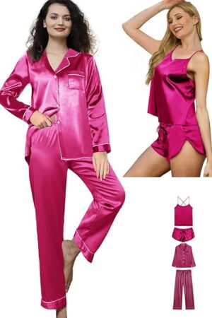 4Pcs Womens Silk Pajama Sets Satin Pajamas Set Sexy Cami Lingerie Pjs Nightwear Silky Pj Loungewear Sleepwear