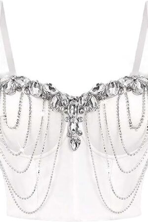 Womens Sexy Bustier Glitter Rhinestone Gem Chain Corset Top Spaghetti Strap Wedding Party Crop Top Going Out Y2k Top