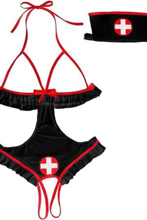 Women's Sexy Lingerie Naughty Nightingale Nurse Costume Babydoll Bodysuit with Headband