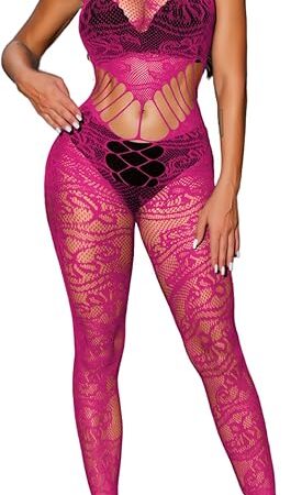 Fishnet Bodysuit For Women,Sheer Floral Lace Mesh Cutout Sexy Jumpsuit,Nightclub Exotic Dancewear Rave Outfits