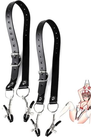 BDSM Bondage Non Piercing Nipple Clamps Labia Clitoris Vagina Clamps with Adjustable Leather Straps Rubber Heads SM Pussy Orgasms Fetish Bondage Vaginal Stimulators Role Play Adult Kinky Sex Toys