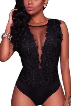 Women Sexy Lace Bodysuit Jumpsuit See Through Mesh Sleeveless/Long Sleeve Tops Swimsuit for Party Outfit