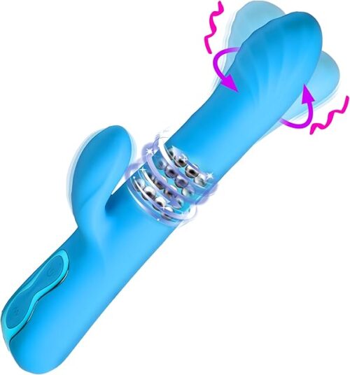 XR PLAY HARD Rotating Beaded Silicone Rabbit Vibrator for Women & Couples. Rotating Head and Stimulating Beads. Triple Motor Rabbit Vibes. Splashproof and Rechargeable. 2 Pieces, Blue.