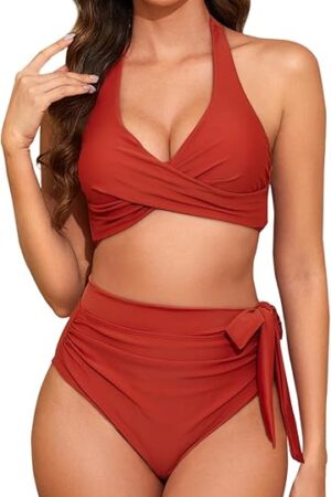 Women High Waist Bikini Set Halter Bow Tie Twist Tummy Control Bathing Suits High Leg Two Piece Swimsuits