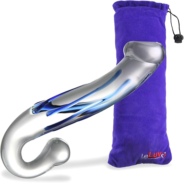LeLuv Dildo Blue Hook G-Spot Prostate Large Double Glass with Premium Padded Pouch