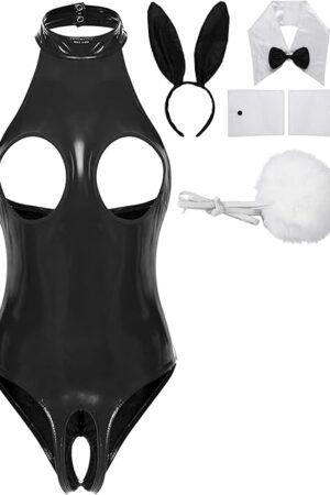 Women's Sexy Bunny Lingerie Costume Wet Look Leather Bodysuit with Rabbit Ears Accessory