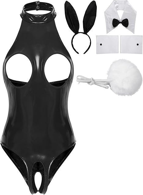 Women's Sexy Bunny Lingerie Costume Wet Look Leather Bodysuit with Rabbit Ears Accessory