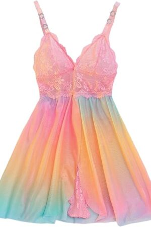Women's Plus Size Colorful Lace Sheer Lingerie Bodysuit V Neck Mesh Ruffle Babydoll Sleepwear