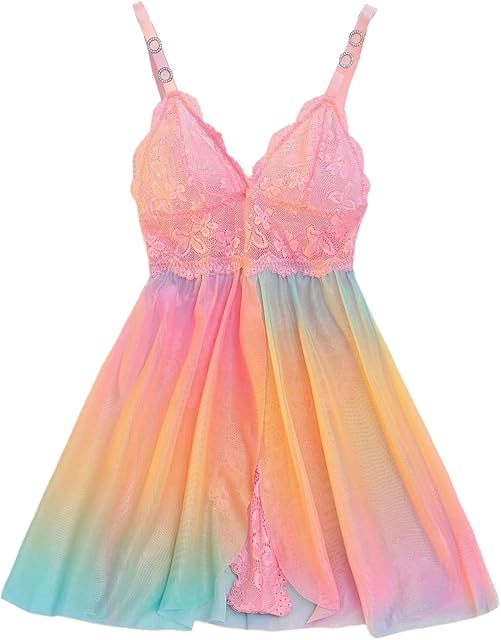Women's Plus Size Colorful Lace Sheer Lingerie Bodysuit V Neck Mesh Ruffle Babydoll Sleepwear