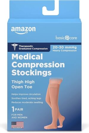 Amazon Basic Care Medical Compression Stockings, 20-30 mmHg Support, Women & Men Thigh Length Hose, Open Toe, Beige