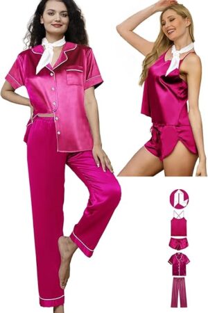5Pcs Womens Silk Pajamas Set Sexy Cami Shorts Pj Sets Lingerie Satin Pajama Sets Loungewear Pjs Silky Sleepwear