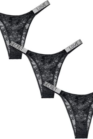 Women's Lace G-String Thongs Sexy Low Waist Tangas Underwear See-Through Rhinestones Thongs Panties 3-5 Pack