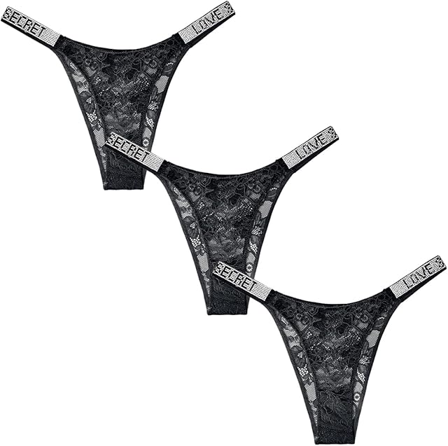 Women's Lace G-String Thongs Sexy Low Waist Tangas Underwear See-Through Rhinestones Thongs Panties 3-5 Pack
