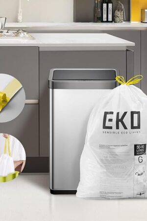EKO Easy-Dispense Roll of 60 Count Extra-Strong Drawstring Kitchen Trash Bags - 21 Gallon Garbage Bags (795L) 1 pack, Code G
