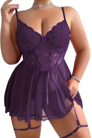 Women Plus Size Lingerie Mesh Babydoll Dress Sexy Lace Nightgown Lace Up Sleepwear Nighty with Gater Belt