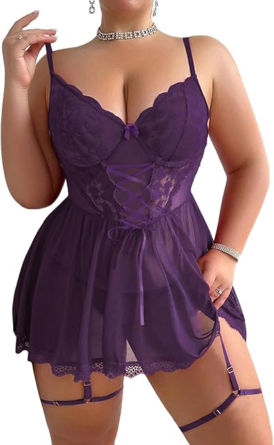 Women Plus Size Lingerie Mesh Babydoll Dress Sexy Lace Nightgown Lace Up Sleepwear Nighty with Gater Belt