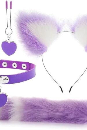 Anal Sex Toys Fox Tail Butt Plug Sexy Cat Ear Headband with Bells Necklace Set Massage Sex Toys for Women Couples Cosplay(Purple-Stripes)