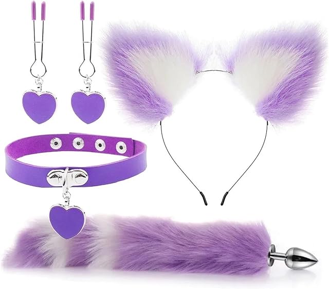 Anal Sex Toys Fox Tail Butt Plug Sexy Cat Ear Headband with Bells Necklace Set Massage Sex Toys for Women Couples Cosplay(Purple-Stripes)
