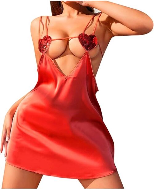 Womens Sparkly Sequin Cut Out Lingerie Sexy Hollow Out Spaghetti Strap Mini Chemise Naughty Nightdress Teddy Babydoll