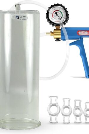 LeLuv Penis Pump Maxi Blue Handle Bundle with Protected Gauge, Clear Hose, 4 Sizes of Constriction Rings - 12 Inch Length x 4.50 inch Diameter Cylinder