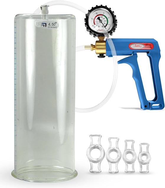 LeLuv Penis Pump Maxi Blue Handle Bundle with Protected Gauge, Clear Hose, 4 Sizes of Constriction Rings - 12 Inch Length x 4.50 inch Diameter Cylinder