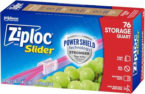 Ziploc Quart Food Storage Slider Bags, Power Shield Technology for More Durability, 76 Count