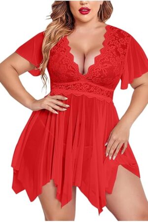 Women Plus Size Lingerie Floral Lace Babydoll Sexy Deep V Chemises Teddy Lingerie Dress See Through Nightie Sleepwear