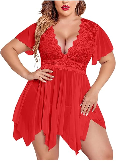 Women Plus Size Lingerie Floral Lace Babydoll Sexy Deep V Chemises Teddy Lingerie Dress See Through Nightie Sleepwear