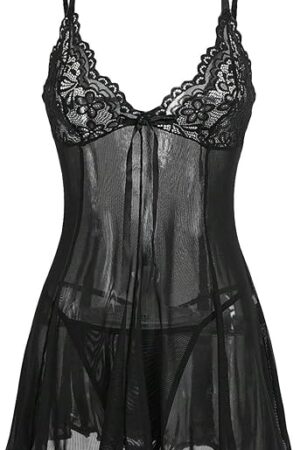 Women's 2 Piece Lingerie Set Lace Mesh Sheer Tie Front Deep V Neck Babydoll Nightgown with Thong