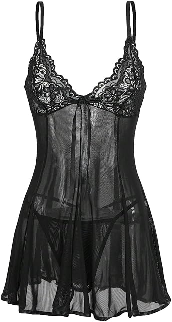Women's 2 Piece Lingerie Set Lace Mesh Sheer Tie Front Deep V Neck Babydoll Nightgown with Thong