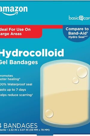 Amazon Basic Care Advanced Fast Healing Hydrocolloid Gel Bandages, Large Wound Dressing, 4 ct
