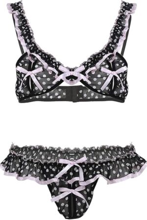 Women Sexy Ruffled Polka Dot Bra Top Chiffon Skirted Panties Lingerie Set Chiffon Nightwear