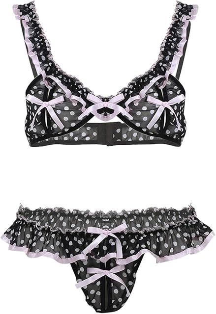Women Sexy Ruffled Polka Dot Bra Top Chiffon Skirted Panties Lingerie Set Chiffon Nightwear