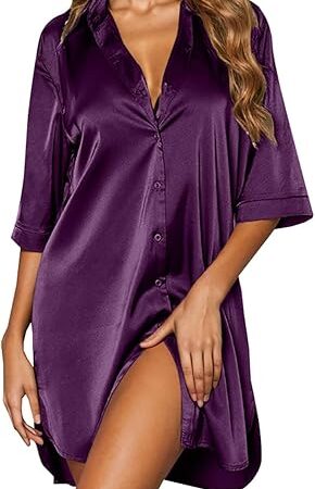 Women's Satin Night Shirt Button Down Sleepshirt Silk Half Sleeve Nightgown Baggy Loose Nightshirt Pajama Top