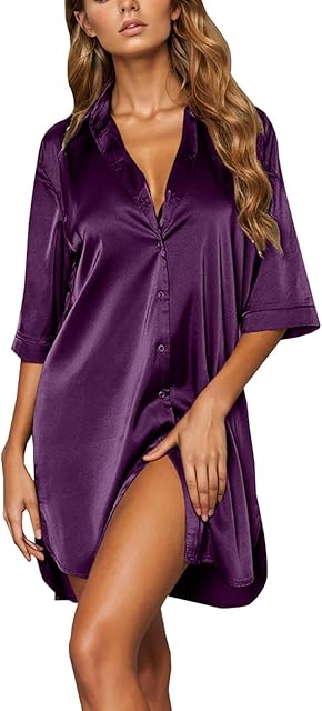 Women's Satin Night Shirt Button Down Sleepshirt Silk Half Sleeve Nightgown Baggy Loose Nightshirt Pajama Top