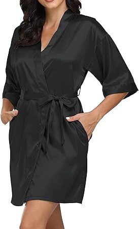 Women's Satin Robe Silk Kimono Bathrobe Pure Short Sexy Sleepwear Bridesmaid Bride Party Robes with Pockets