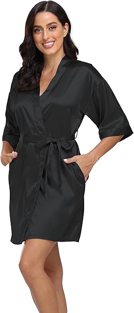Women's Satin Robe Silk Kimono Bathrobe Pure Short Sexy Sleepwear Bridesmaid Bride Party Robes with Pockets