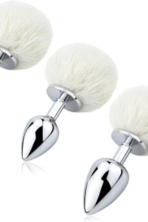3Pcs Expanding Anal Butt Plug - Sex Factory Aluminum Alloy Butt Plug Artificial Rabbit's Fur Tail Anal Sex Toys for Women Men Couple&