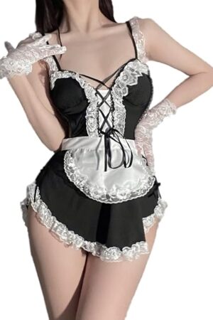Women's French Maid Costume Sexy Lingerie Strap Deep V-Neck Dress Uniform Nightdress Lace Bodysuit