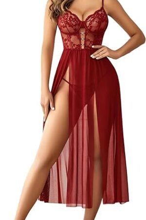 Women's Lingerie Sexy Night Gowns Long Babydoll Lingerie Dress(Red,XXL)