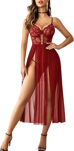 Women's Lingerie Sexy Night Gowns Long Babydoll Lingerie Dress(Red,XXL)