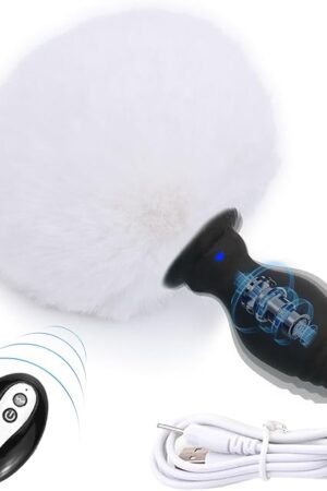 Bunny Tail Anal Plug Vibrator Silicone Butt Plug White Faux Fur Tail Plug Remote Control Design Sex Anus Rabbit's Tail Trainer for Role Play Cosplay Women, Men and Couples, Cute Adult Sex Toys