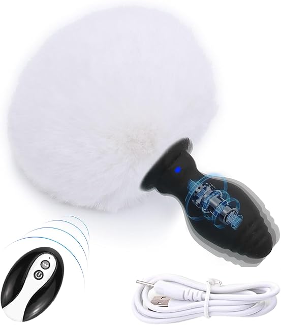 Bunny Tail Anal Plug Vibrator Silicone Butt Plug White Faux Fur Tail Plug Remote Control Design Sex Anus Rabbit's Tail Trainer for Role Play Cosplay Women, Men and Couples, Cute Adult Sex Toys