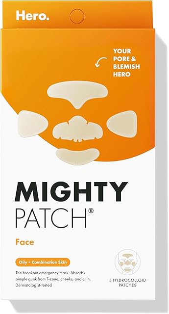 Hero Cosmetics Mighty Patch? Face Patch - XL Hydrocolloid Face Mask for Acne, 5 Large Pimple Patches for Zit Breakouts on Nose, Chin, Forehead & Cheeks (1 Count)