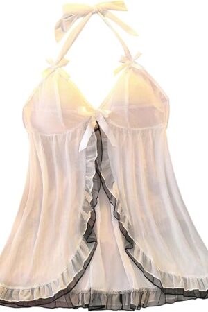 Women's Open Front Halter Sheer Chemise Bowknot Spaghetti Strap Mesh Babydoll Nightgowns
